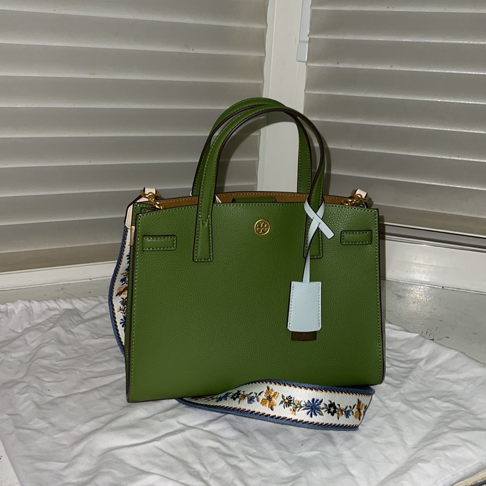 Authentic Tory Burch Walker Webbing strap Small Satchel Spinach GIFTABLE